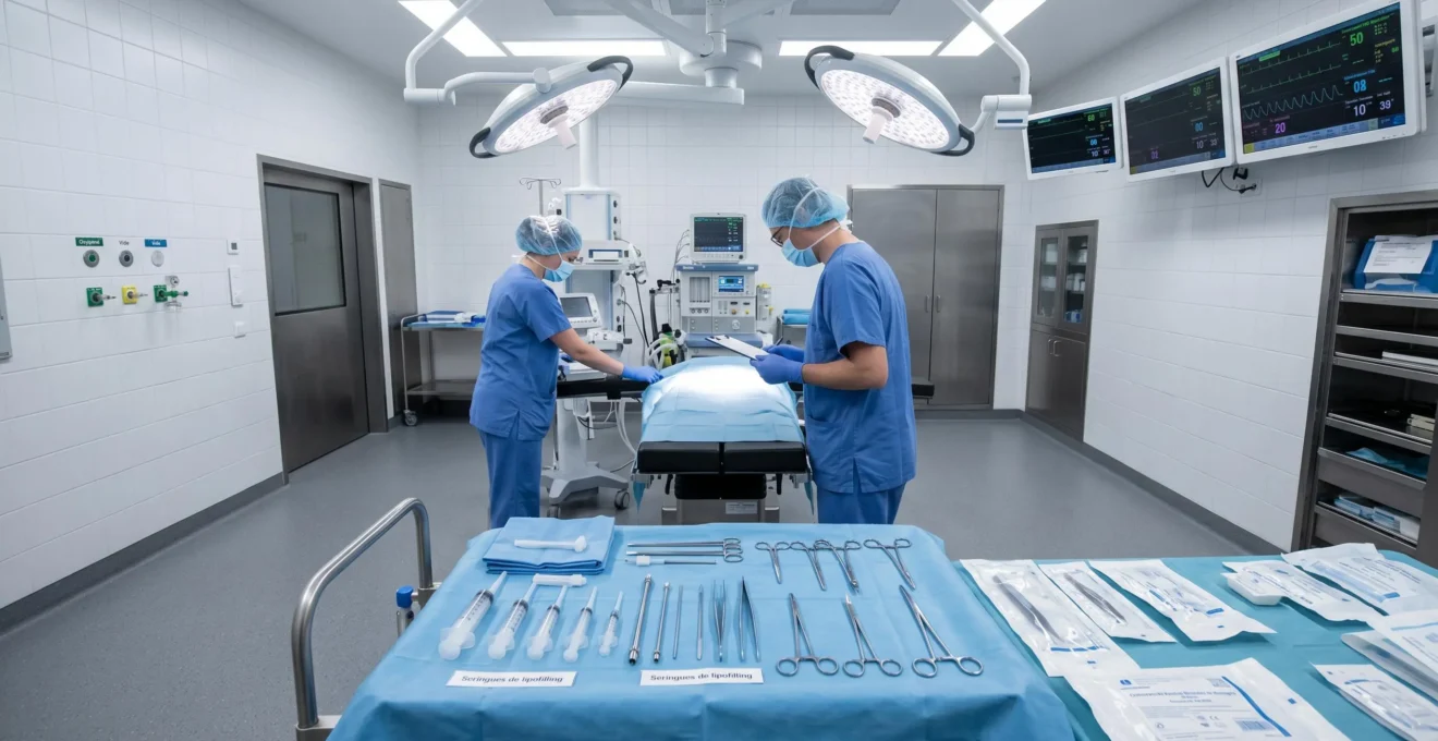 Bloc opératoire moderne certifié HAS : équipe médicale en tenue stérile préparant le matériel chirurgical spécifique à une intervention composite mammaire