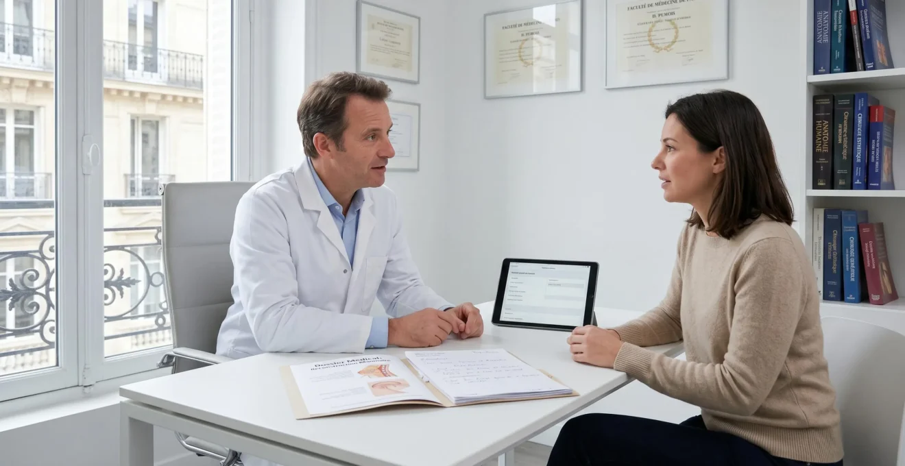 Consultation médicale pré-opératoire dans un cabinet parisien moderne : chirurgien et patiente discutant d'une intervention d'augmentation mammaire, dossier médical et schémas anatomiques sur le bureau