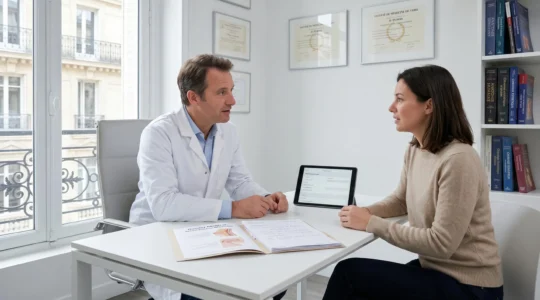 Consultation médicale pré-opératoire dans un cabinet parisien moderne : chirurgien et patiente discutant d'une intervention d'augmentation mammaire, dossier médical et schémas anatomiques sur le bureau