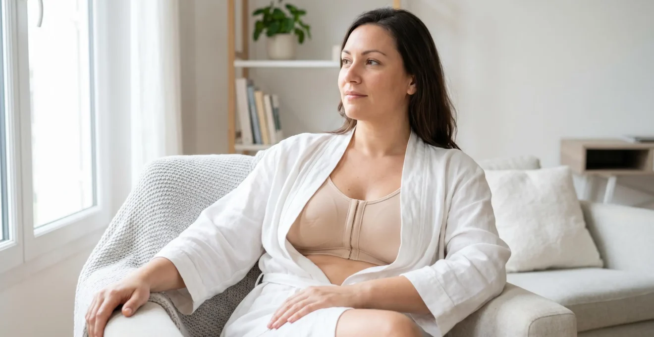 Femme en récupération post-opératoire à domicile portant un soutien-gorge de contention médical, assise confortablement dans un intérieur lumineux et apaisant